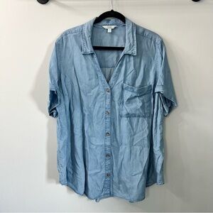 Terra & Sky Short Sleeve Blue Chambray Button Down V Neck Lyocell Shirt 1X